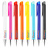 A collection of eight plastic pens in white, pink, orange, yellow, blue, and black with a logo.