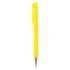 A bright yellow plastic pen with a silver tip and a clip. It features a logo on the barrel.