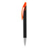 A plastic pen in black with an orange grip and silver accents, featuring a logo on the barrel.