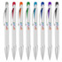 A collection of eight plastic pens in white with various coloured tops: orange, green, blue, purple, and more. Each has a branding logo.