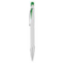 A white plastic pen with a green accent, featuring a silver clip and tip, and a logo on the barrel.