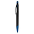 A plastic pen in black and blue, featuring a sleek design and a clip for easy attachment.