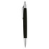 A black pen with a silver tip and clip, featuring a smooth, sleek design and a branded logo.