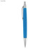 A blue plastic pen with a silver clip and tip, featuring a smooth grip and a simple design.