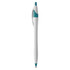 A plastic pen in white and teal, featuring a smooth design and a clip. It has a branding logo on the barrel.