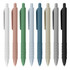 A collection of plastic pens in various colours: white, pink, green, light blue, dark blue, beige, grey, and black. Each pen features a grip and clip.