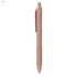 A pink plastic pen with a textured grip and a clip. The design is simple and sleek, featuring a logo.