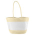 A patterned paper tote bag in cream and white, featuring woven handles and a logo. Ideal for stylish carrying.