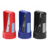 A set of three pencil sharpeners in red, blue, and black, featuring a metallic blade and a small grip area.