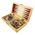 A wooden play case with a colourful interior, containing chess pieces and other game components.