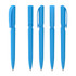 Five blue plastic pens with various cap designs, featuring a logo on each pen.