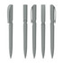 Five plastic pens in varying shades of grey, featuring sleek designs and clips for easy handling. Each pen has a unique top style.