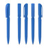 Five plastic pens in various shades of blue, featuring different cap styles and a logo on each pen.