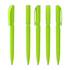 Five bright green plastic pens displayed in various positions, featuring a cap and clip design.