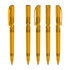 A set of transparent yellow plastic pens with clip caps in various positions. The pens feature a simple design and a branding logo.