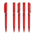 Five transparent red plastic pens, showcasing different angles and components, each with a clip and retractable design.