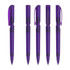 A set of five purple plastic pens featuring a transparent design and a clip. Each pen showcases a different composition.
