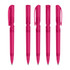 A set of five transparent pink plastic pens with various cap designs and features. Each pen has a branding logo.