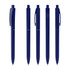 A group of five navy blue plastic pens with a simple design and a branding logo on the side.