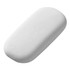 A white rubber eraser with a smooth, rectangular shape, featuring rounded edges and a subtle texture.