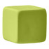 A green rubber eraser in the shape of a cube with rounded edges, featuring a logo on one side.
