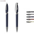 A metallic pen in navy blue with silver accents, featuring a logo, alongside additional pen colour options.