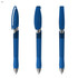 A blue plastic pen with a transparent upper section and metal accents, featuring a clip and a smooth writing tip.