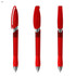 A set of three transparent red plastic pens with metallic accents and clip features.