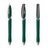 A green plastic pen with a metallic clip and tip, featuring a textured grip. The pen is shown from three angles.