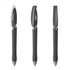 A sleek black plastic pen with a shiny silver clip and grip, featuring three different angles of the product.