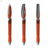 An orange transparent plastic pen with a silver clip, featuring a sleek, modern design and a logo.