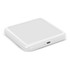 A square wireless charger in white with a smooth resin finish, featuring a USB-C port on one side.