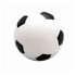 A small white stress soccer ball with black hexagonal patches and a branding logo.