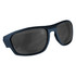 Sunglasses with a dark blue frame and dark lenses, featuring a sporty design and branding on the side.