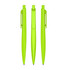 Three bright green plastic pens displayed from different angles. The pens feature a clip and smooth body design.
