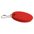 A red stress floating key ring with a rounded oval shape, attached to a small metal chain.