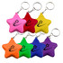 A set of star-shaped stress key rings in pink, red, yellow, green, orange, purple, and blue, featuring a logo.