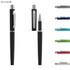 A rollerball soft-touch metal pen in black, alongside various coloured metal pens, on a white background.