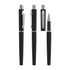 A set of black metal pens, showing various angles and the pen tip. Features a silver clip and trim.