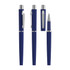 A metal rollerball pen in navy blue with a silver clip and accents, displayed in different positions.