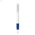 A white pen with a blue grip, featuring a smooth barrel design and a clip. It includes a branding logo.