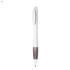A white plastic pen with a grey grip, featuring a logo on its side.