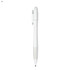A white plastic pen with a smooth design and a clip at the top. It features a logo on the barrel.