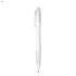 A white plastic pen with a clear cap and grip, featuring a logo on the barrel.
