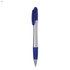 A plastic pen with a silver body and blue accents, featuring a clip and a smooth design. It has a logo on it.