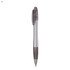 A plastic pen in silver with a dark grey grip, featuring a clip and a logo on the body.