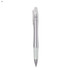 A silver plastic pen with a clear cap and a frosted grip, featuring a logo on the body.