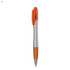 A plastic pen with a silver barrel and orange accents, featuring a transparent orange clip.