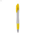 A plastic pen featuring a silver body with a yellow grip and cap. It includes a logo on the barrel.