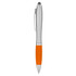 A silver stylus pen with an orange rubber grip and a clip, featuring branding on the body.